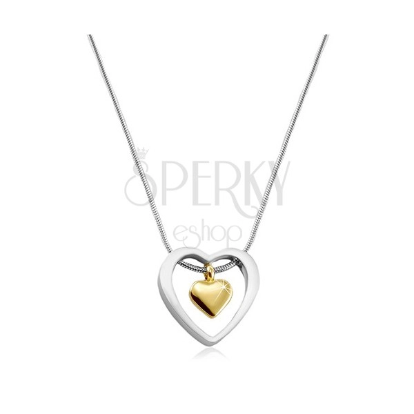 Stainless steel necklace, golden heart placed in a heart contour
