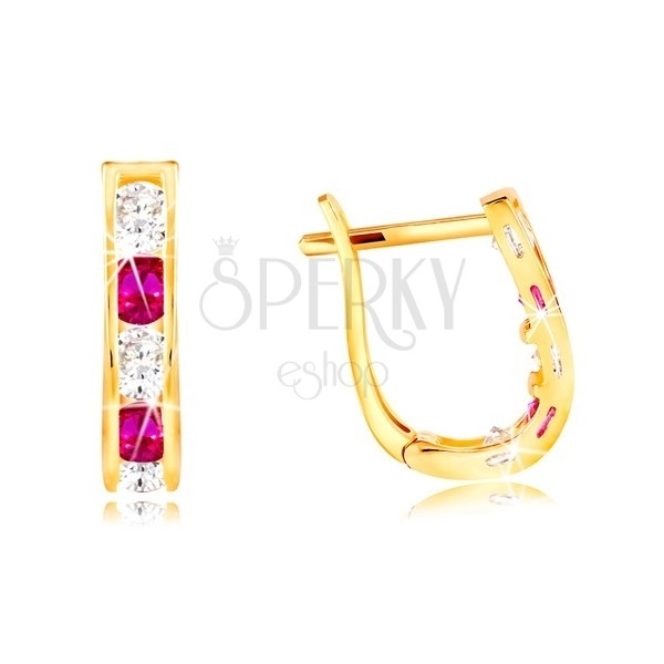 Earrings made of yellow 14K gold - arches made of zircons in clear and pink colour