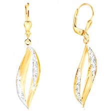 Dangling 585 gold earrings - curved grain contour with filigree and white gold