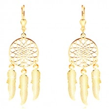 Yellow 585 gold earrings - engraved dreamcatcher with three feathers