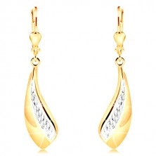 14K gold earrings - big curved tear, stripe of white gold and indents