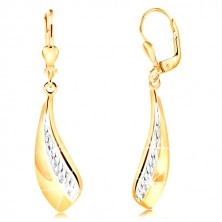 14K gold earrings - big curved tear, stripe of white gold and indents