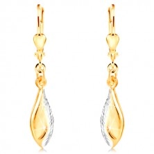 14K gold earrings - shiny leaf decorated with indents and white gold