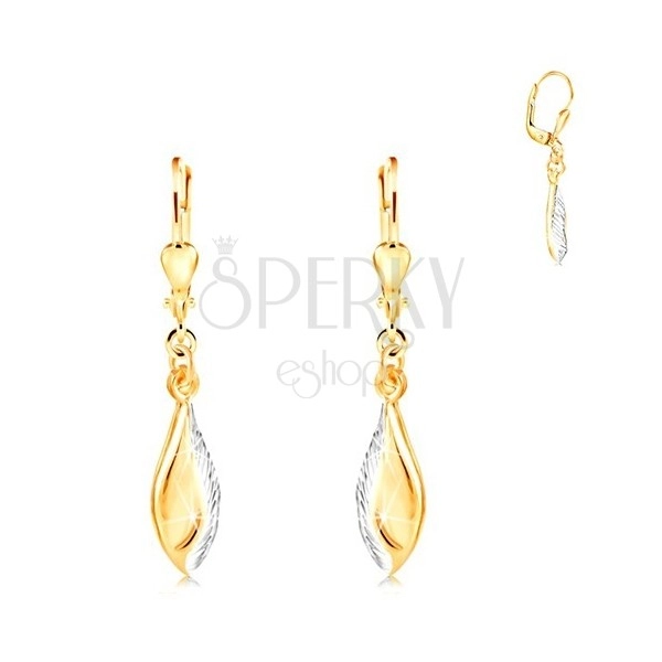 14K gold earrings - shiny leaf decorated with indents and white gold