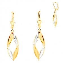 Dangling 585 gold earrings - curved grain contour with indents and white gold
