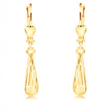 Dangling yellow 14K gold earrings - sparkling thin tear with cut surface