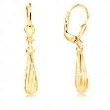 Dangling yellow 14K gold earrings - sparkling thin tear with cut surface