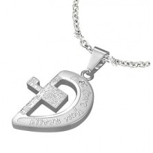 Steel pendant in silver colour, half of a heart with a cross and inscriptions