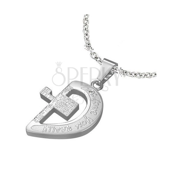 Steel pendant in silver colour, half of a heart with a cross and inscriptions