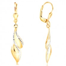 585 gold earrings - curved leaf with lines of white gold and indents