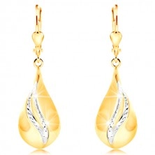 14K gold earrings - big shiny drop, curved stripes of white gold