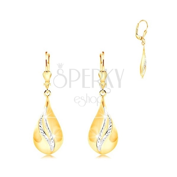 14K gold earrings - big shiny drop, curved stripes of white gold
