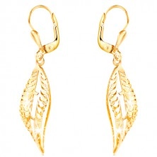 Earrings made of yellow 585 gold - big curved leaf with decorative indents