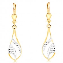 14K gold earrings - big shiny tear, engraved arches of white gold