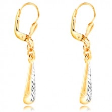 Dangling 14K gold earrings - thin drop with indents and white gold