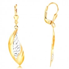 14K gold earrings - big curved leaf, white gold stripe with indents