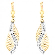 14K gold earrings - carved leaf with wave of white gold and clear zircons
