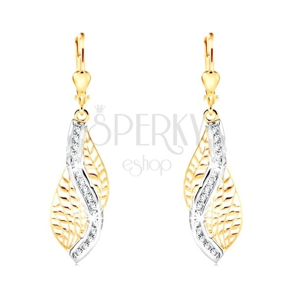 14K gold earrings - carved leaf with wave of white gold and clear zircons