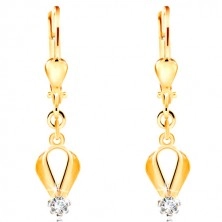 585 gold earrings - drop contour, circular clear zircon in a mount