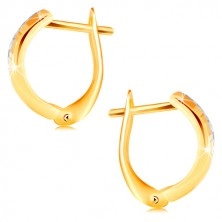 14K gold earrings – shiny ground surface, line of white gold in the center