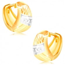 Earrings made of gold 585 – rounded triangle, diagonal cuts, stripe of white gold 