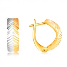 585 gold earrrings - convex arc with diagonal cuts, white and yellow gold