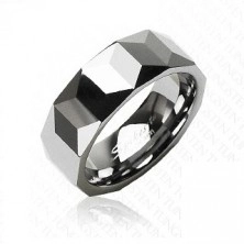 Tungsten ring in silver colour, geometrically ground surface, 8 mm