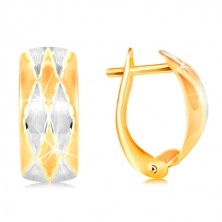 Earrings in 14K gold - matt arc decorated with rhombuses, yellow and white gold
