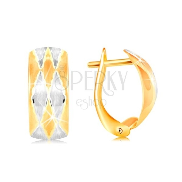 Earrings in 14K gold - matt arc decorated with rhombuses, yellow and white gold
