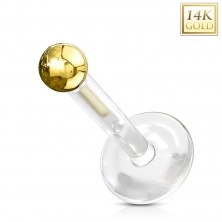 Labret made of yellow 14K gold and a transparent Bio Flex – small shiny ball