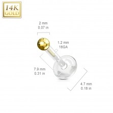 Labret made of yellow 14K gold and a transparent Bio Flex – small shiny ball