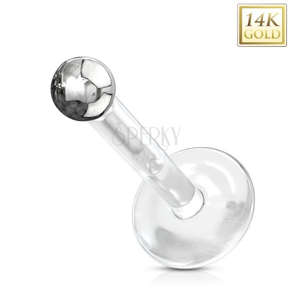 Labret made of 14K white gold and transparent Bio Flex - a small shiny ball
