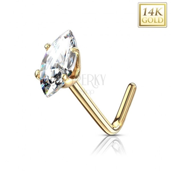 Curved nose piercing, 585 yellow gold - clear grain zircon