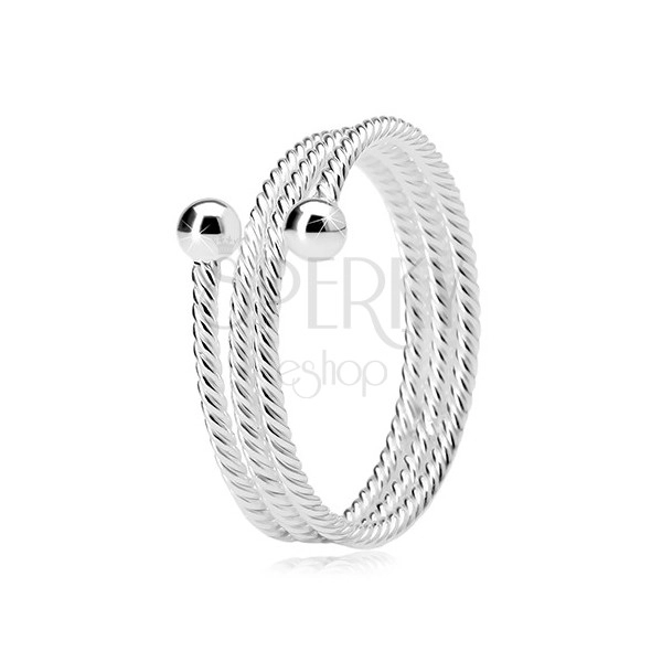 925 silver ring, triple band with twisted pattern, two shiny balls