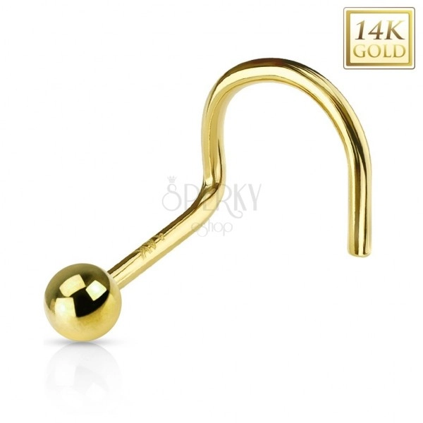 Curved nose piercing in 14K gold - a shiny smooth ball, yellow gold
