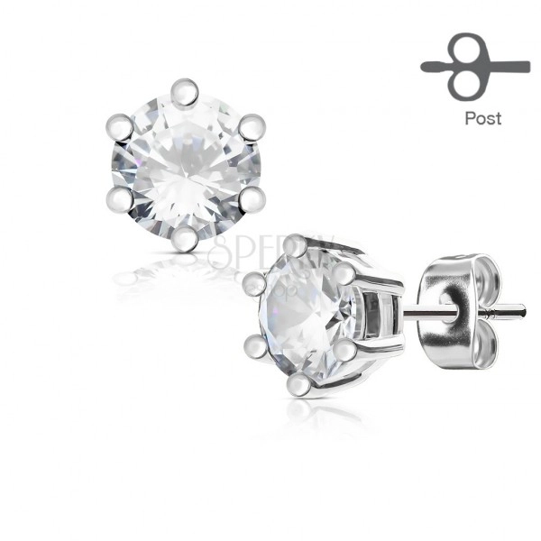 Earrings made of stainless steel in silver colour, a round clear zircon in a mount