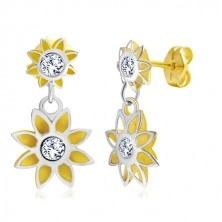 Earrings in 14K gold - two carved flowers, bicolour