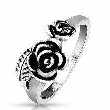 316L steel ring of silver colour, two patina roses