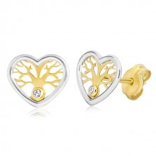 Earrings made of 585 gold - heart in two colours with tree of life and zircon