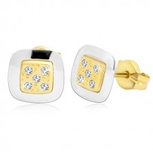 14K gold earrings - square with clear zircons in the middle, yellow and white gold