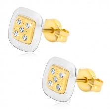 14K gold earrings - square with clear zircons in the middle, yellow and white gold
