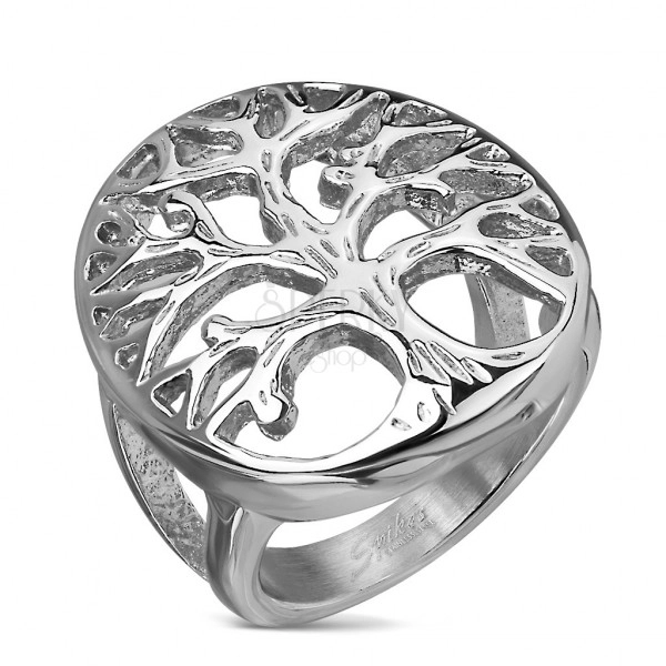 Stainless steel ring with life tree motif in a big oval, silver colour