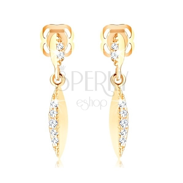 Brilliant earrings of yellow 585 gold - narrow leaf with embedded diamonds