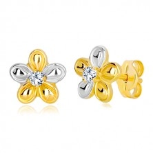Stud earrings in 14K gold - bicolour flower with clear zircon
