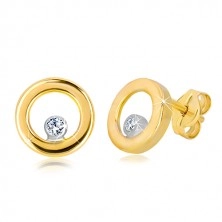 Stud earrings made of 585 white and yellow gold - shiny circle with zircon