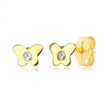 Yellow 14K gold earrings - butterfly with clear zircon, stud fastening