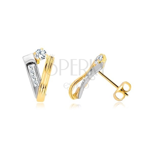14K gold earrings - a ribbon made of yellow and a stripe made of white gold, clear zircons