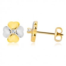 Earrings in 14K combined gold - four leaf clover with a zircon, studs