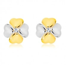Earrings in 14K combined gold - four leaf clover with a zircon, studs