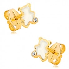 Yellow 14K gold earrings – bear with natural mother-of-pearl and zircon